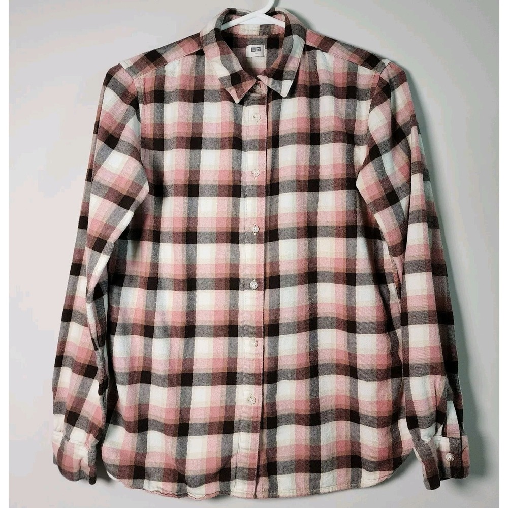 Uniqlo Plaid Flannel Shirt Womens Small Pink Brown Check Fall Cabin Winter Cosy